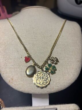 Gold-Tone Charm Necklace 5 charms included Green Clover and Red Heart + 3 more